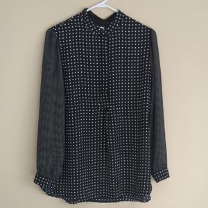 PL Anne Klein Black And White Long Sleeve Polka Dot Shirt Top